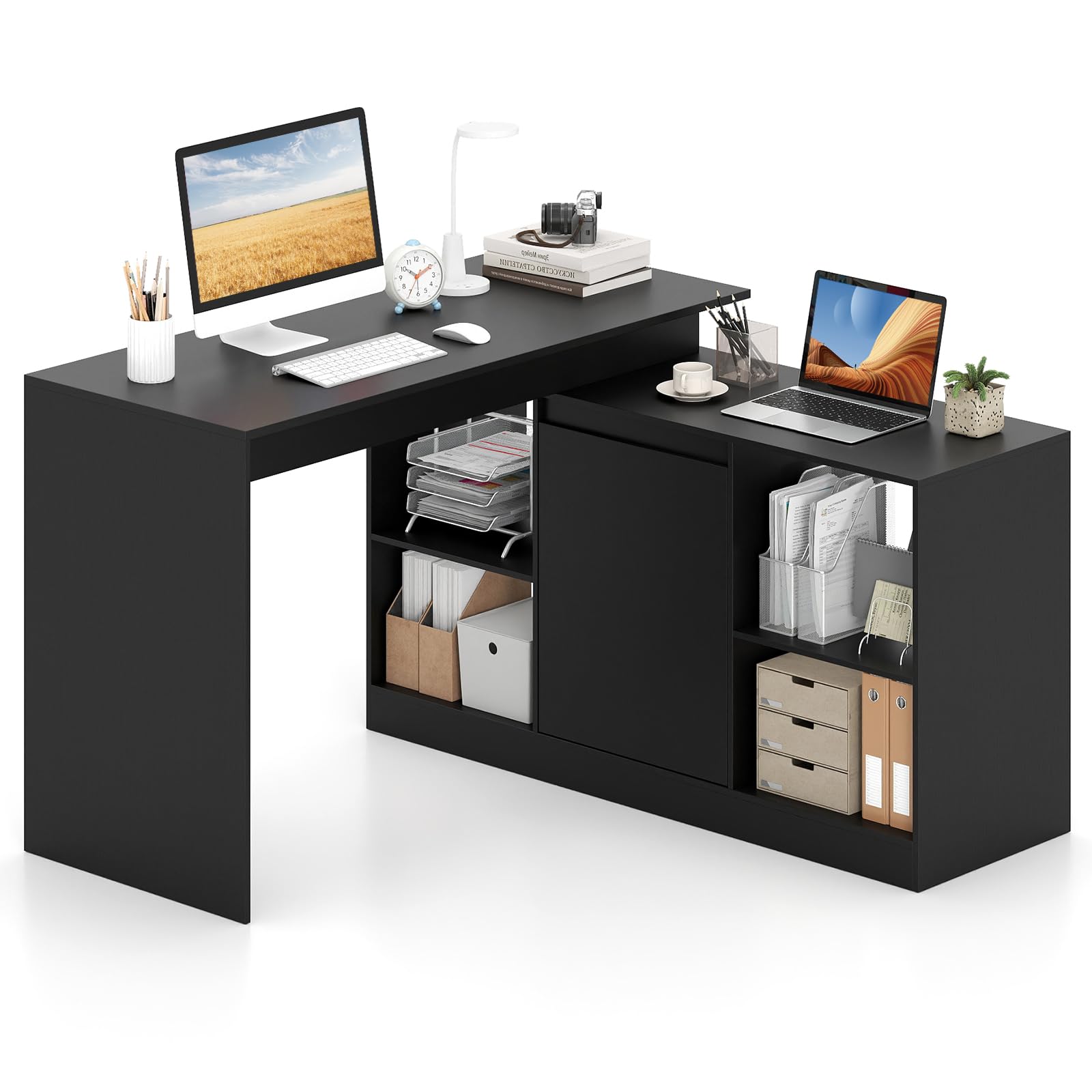 Tangkula L-Shaped Computer Desk with 2-Way Cabinet & 4 Storage Compartments for Home Office